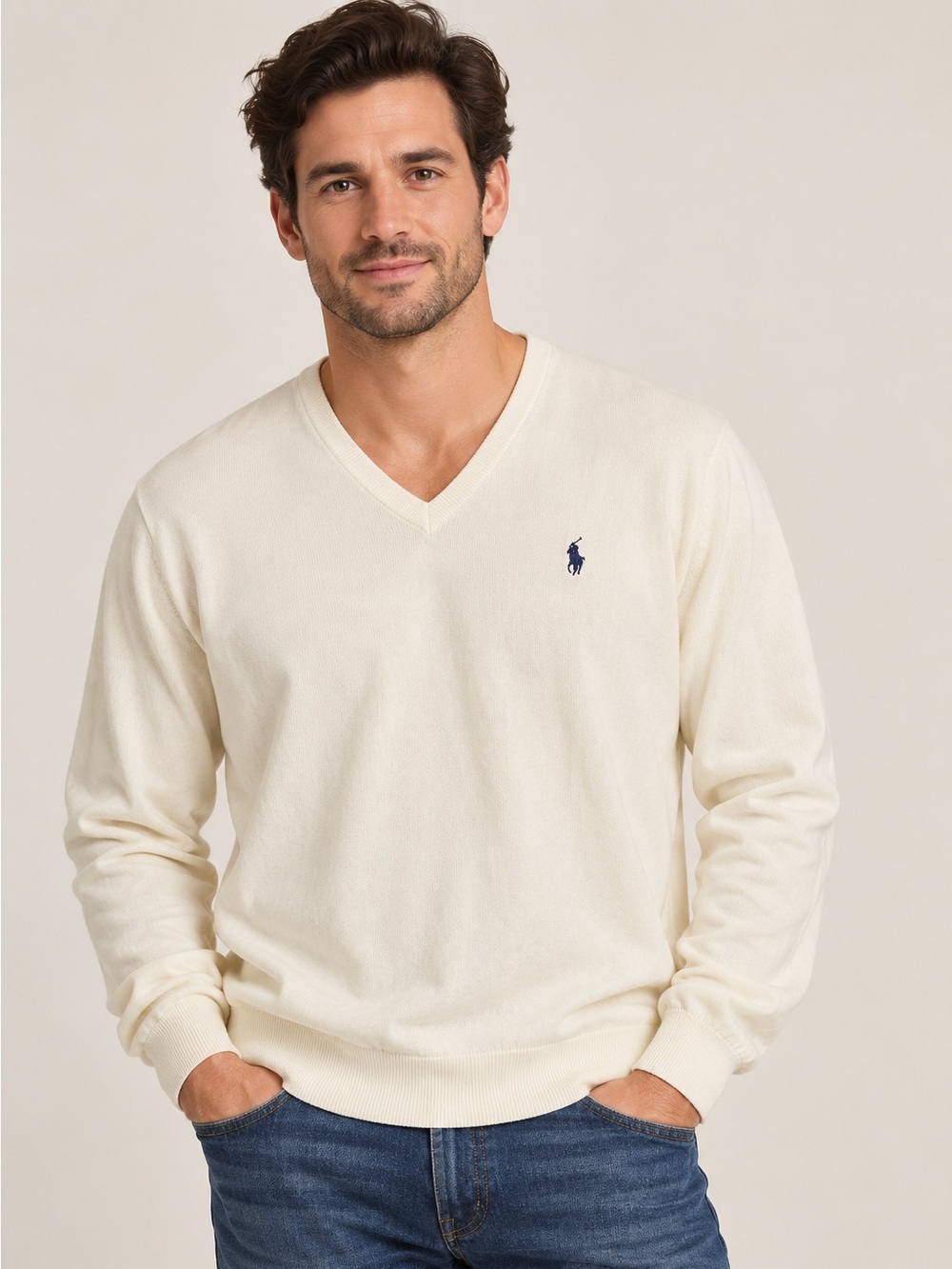 Polo by Ralph Lauren Men's Pale Cream V-Neck Sweater with Navy Pony, size XL